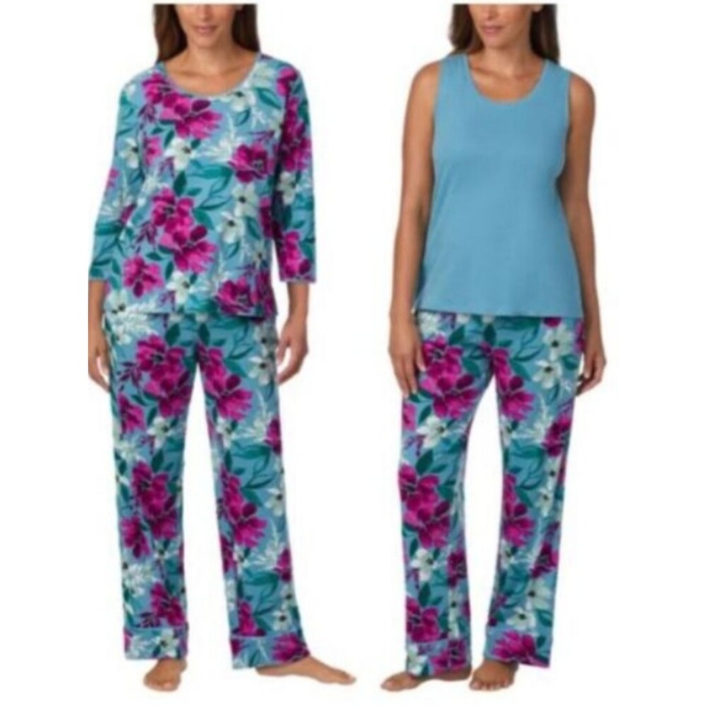 New Carole Hochman Turquoise 3-Piece Floral Pajama PJ Set Size Medium